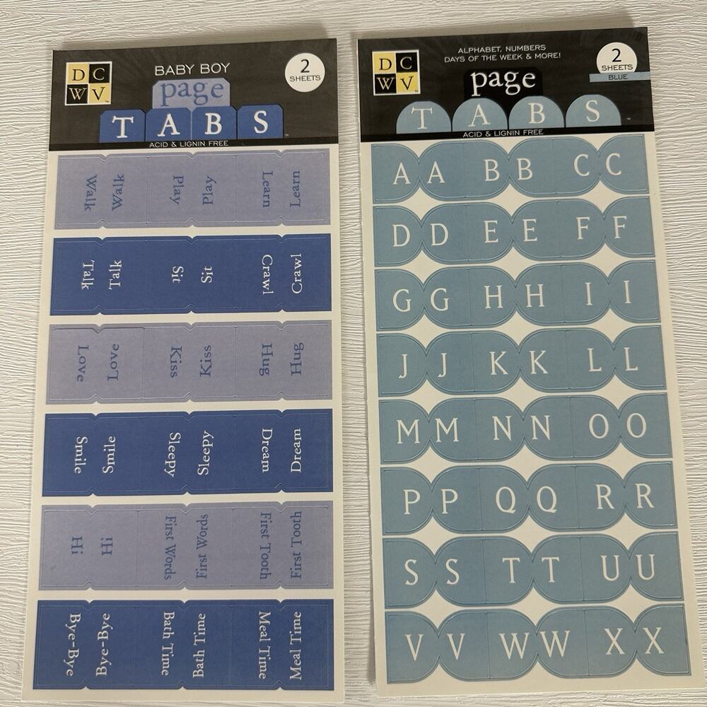 DCWV Stickers Scrapbooking Page Tabs Baby Boy Blue Alphabet Letters Words